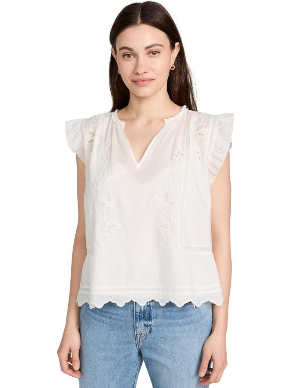 Embroidered Lace Velvet Top, Off White, Women's Size M, Chic & Elegant Style